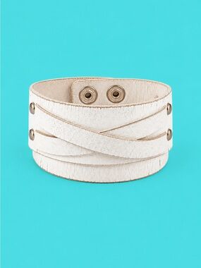 White Genuine Leather Multi-Strand Wrap Cuff Bracelet Adjustable